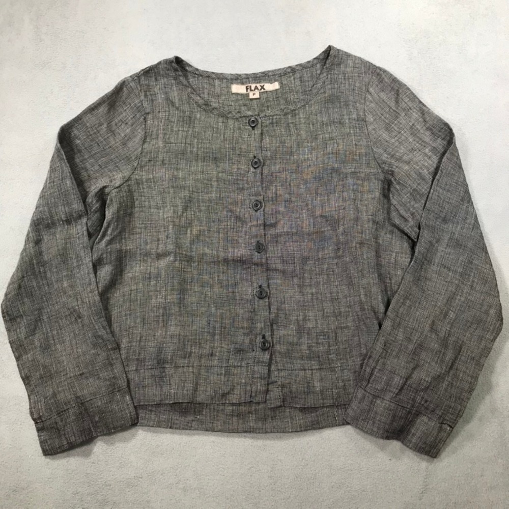 Flax Button Up Top Womens Size P Gray/Black 100% Linen Long Sleeve Boxy Lagen
